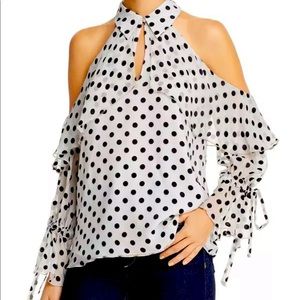 Ruffled off shoulder white polka dot silk blouse by Alice + Olivia